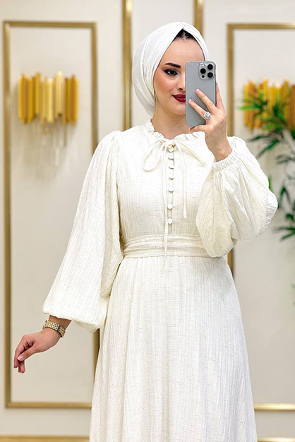 Modam Afra - Ön Düğmeli Balon Kol Elbise - Beyaz (1)