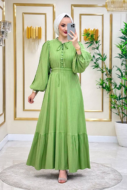 Modam Afra - Ön Düğmeli Balon Kol Elbise - Elma Yeşili