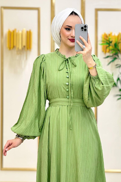 Modam Afra - Ön Düğmeli Balon Kol Elbise - Elma Yeşili (1)