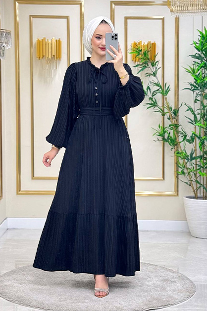Modam Afra - Ön Düğmeli Balon Kol Elbise - Siyah