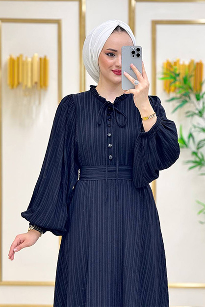 Modam Afra - Ön Düğmeli Balon Kol Elbise - Siyah (1)