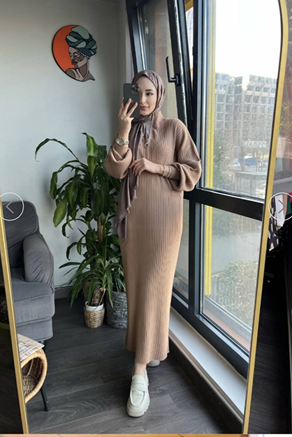 Modam Afra - Ön Fermuarlı Triko Elbise-Bej