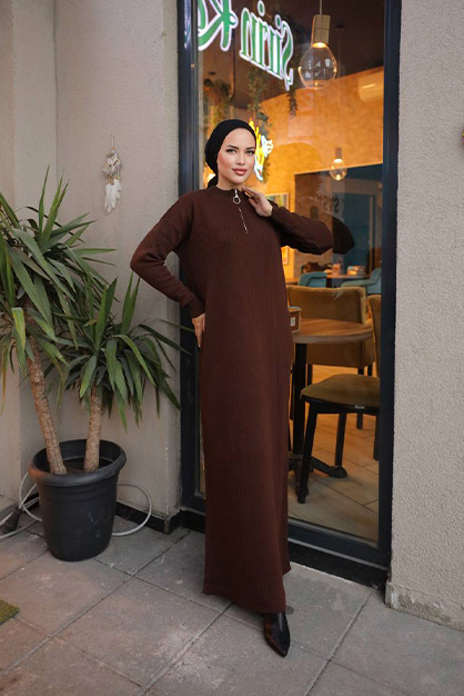 Modam Afra - Ön Fermuarlı Triko Elbise-Kahverengi