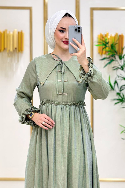 Modam Afra - Önü Taşlı Bağcıklı Elbise - Çağla (1)