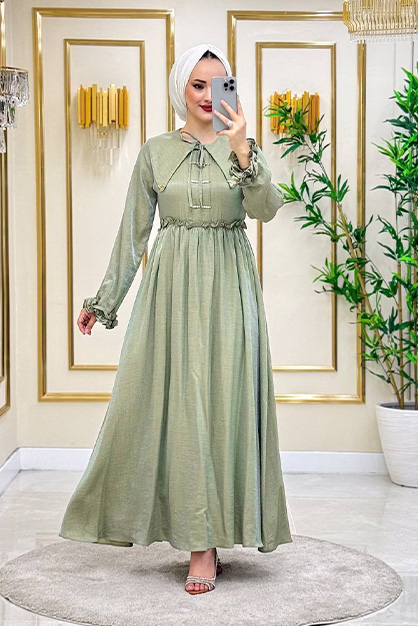 Modam Afra - Önü Taşlı Bağcıklı Elbise - Çağla