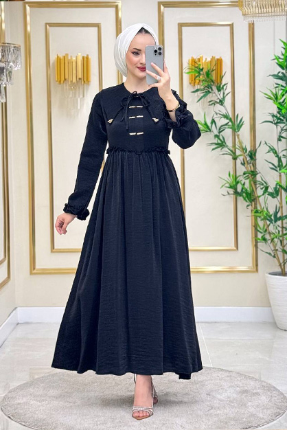 Modam Afra - Önü Taşlı Bağcıklı Elbise - Siyah