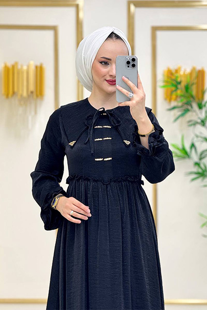Modam Afra - Önü Taşlı Bağcıklı Elbise - Siyah (1)
