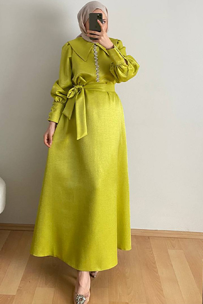Modam Afra - Önü Taşlı Tafta Elbise Yağ Yeşili