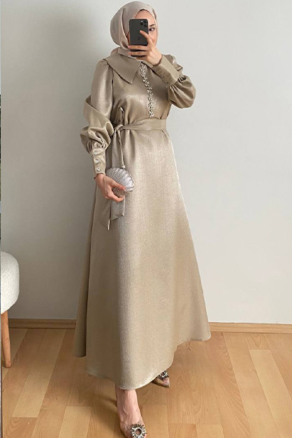 Modam Afra - Önü Taşlı Tafta Elbise Vizon