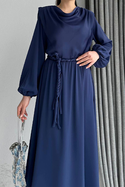 Modam Afra - Örgü Kemerli Saten Elbise -Lacivert (1)