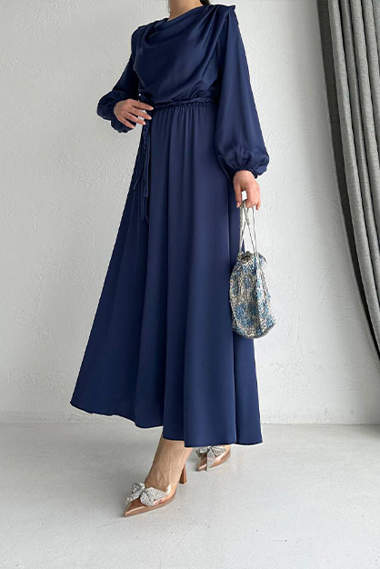 Modam Afra - Örgü Kemerli Saten Elbise -Lacivert
