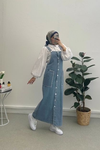 Overlok Dikişli Kot Salopet-Mavi - Modam Afra (1)