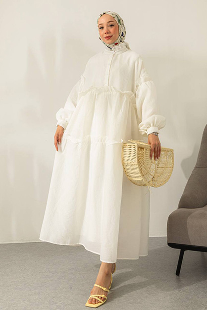 Modam Afra - Oversize Balon Kol Elbise - Beyaz