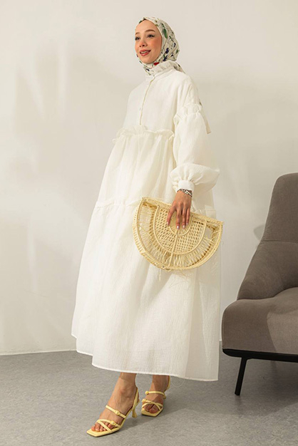 Modam Afra - Oversize Balon Kol Elbise - Beyaz (1)