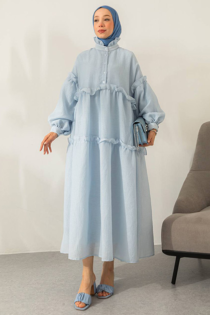Modam Afra - Oversize Balon Kol Elbise - Bebe Mavi