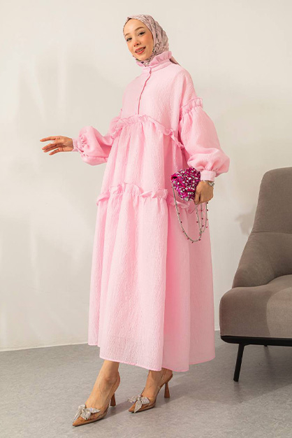 Modam Afra - Oversize Balon Kol Elbise - Pembe
