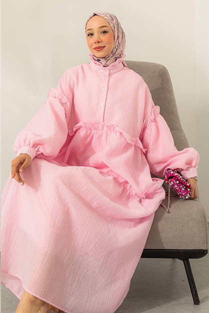 Modam Afra - Oversize Balon Kol Elbise - Pembe (1)