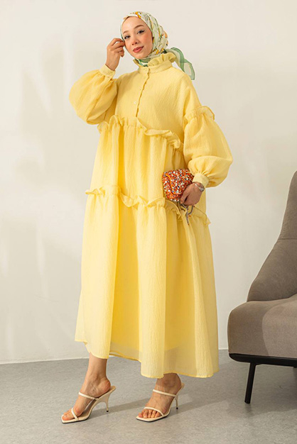 Oversize Balon Kol Elbise Sarı - Thumbnail