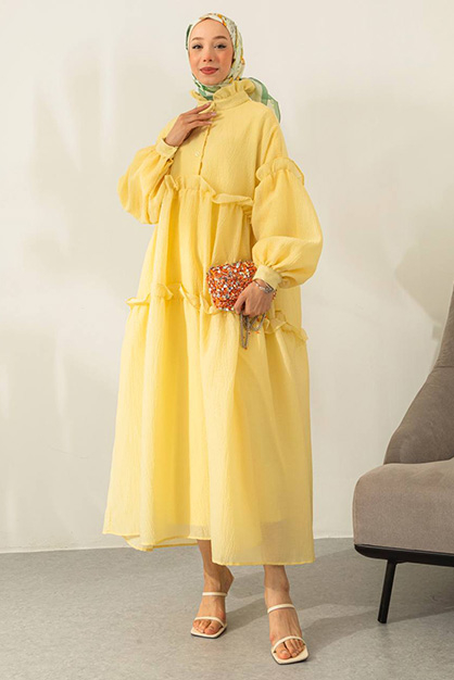 Oversize Balon Kol Elbise Sarı