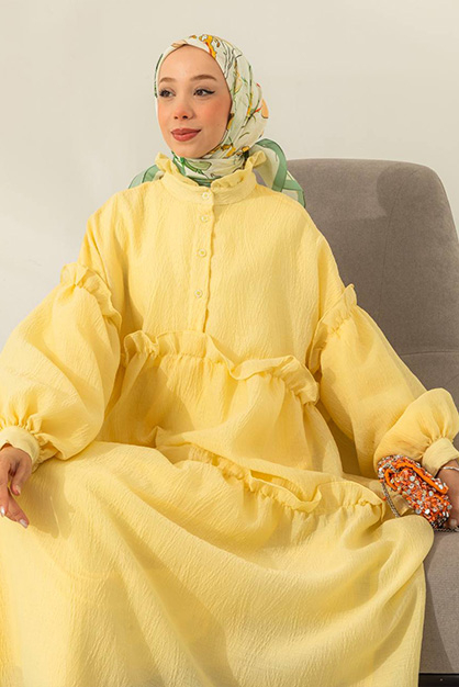 Oversize Balon Kol Elbise Sarı - Thumbnail