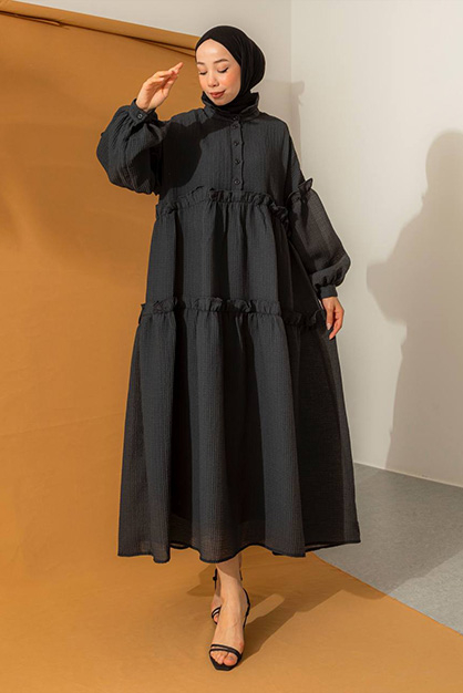 Modam Afra - Oversize Balon Kol Elbise - Siyah