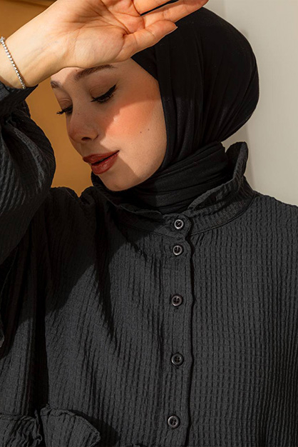 Modam Afra - Oversize Balon Kol Elbise - Siyah (1)