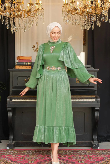 Modam Afra - Pelerin Abiye Elbise -Elma Yeşili