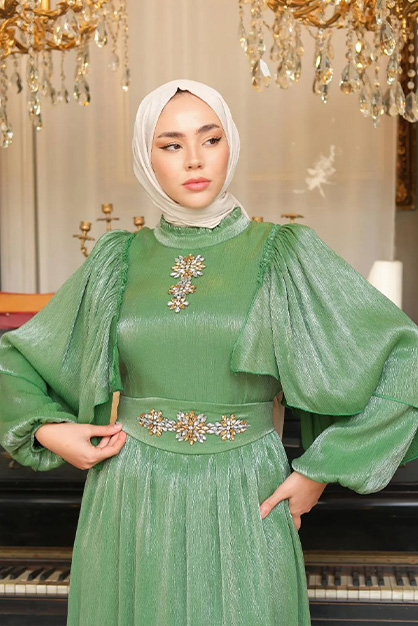 Modam Afra - Pelerin Abiye Elbise -Elma Yeşili (1)