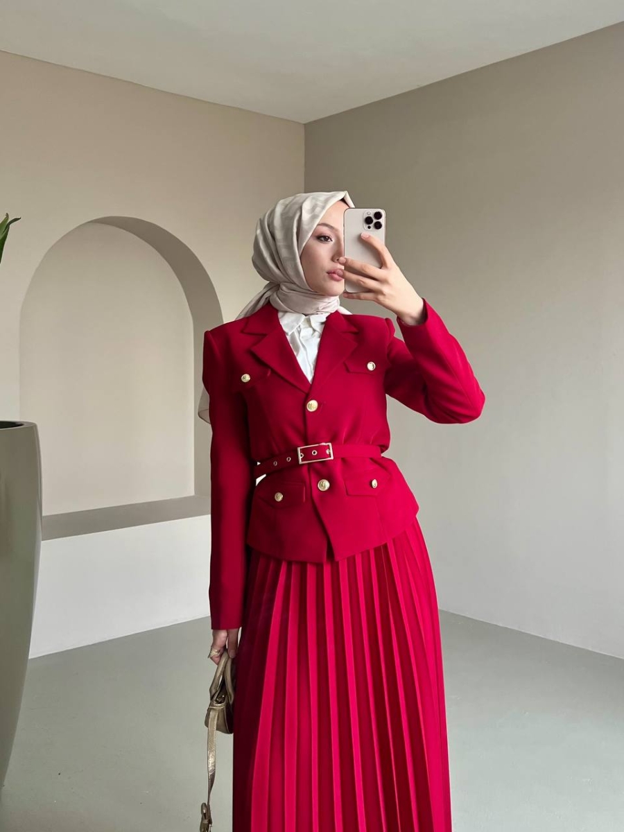 Premium Ceketli Piliseli Etekli Takım Kırmızı - 2
