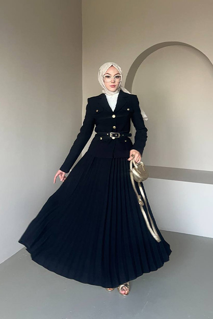 Premium Ceketli Piliseli Etekli Takım Siyah - Modam Afra