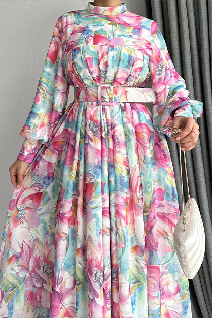 Robadan Kemerli Şifon Elbise-Pembe - 2