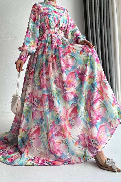 Robadan Kemerli Şifon Elbise-Pembe