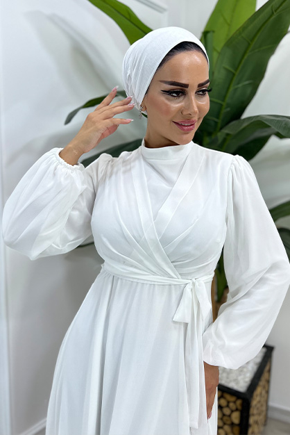 Modam Afra - Şal Yaka Şifon Elbise-Beyaz (1)