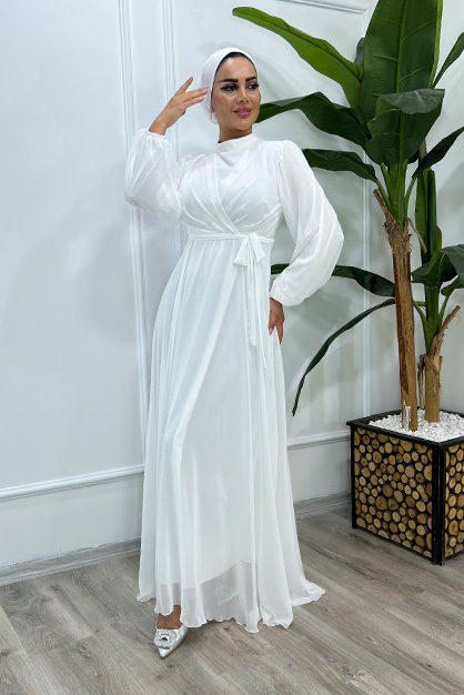 Şal Yaka Şifon Elbise-Beyaz