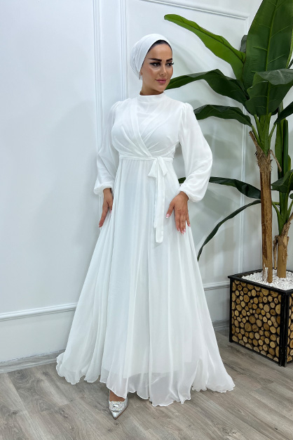 Modam Afra - Şal Yaka Şifon Elbise-Beyaz