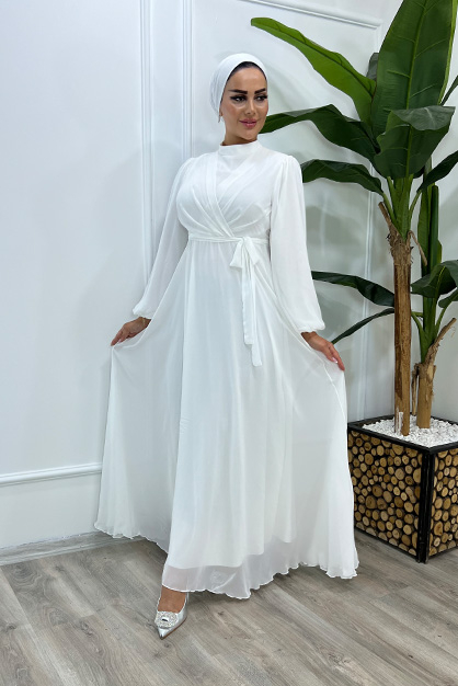 Şal Yaka Şifon Elbise-Beyaz - Thumbnail