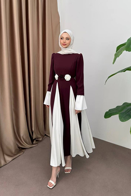 Volan Kol Gül Aksesuarlı Elbise - Bordo - 1