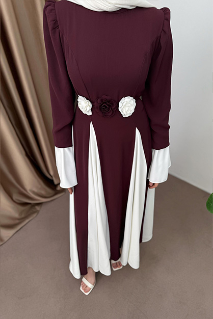 Volan Kol Gül Aksesuarlı Elbise - Bordo - 4