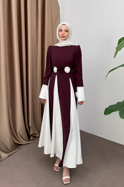Volan Kol Gül Aksesuarlı Elbise - Bordo - 3