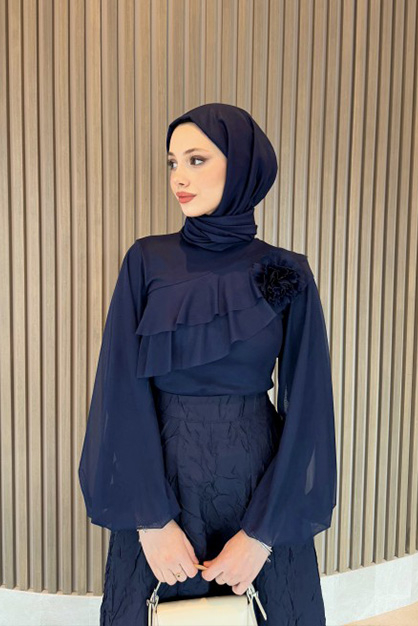 Tül Çiçekli Bluz Lacivert - 1