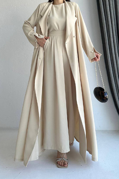 Modam Afra - Üçlü Uzun Ceketli Takım -Bej