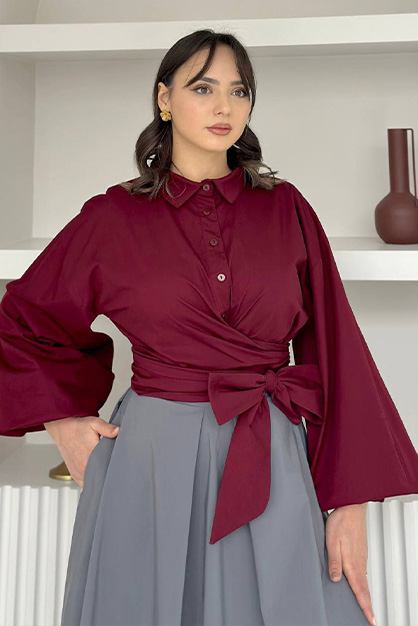Valeria Poplin Gömlek-Bordo - 1