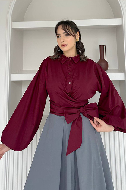Valeria Poplin Gömlek-Bordo - 2