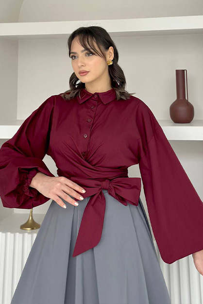 Valeria Poplin Gömlek-Bordo - 3