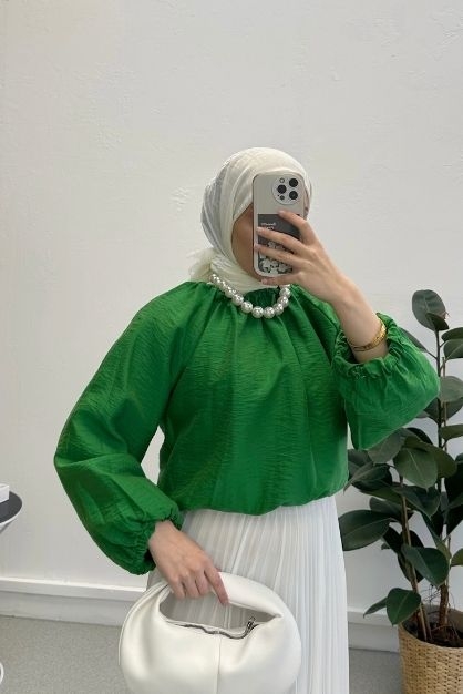 Yakası Büzgülü Balon Kol Özel Dokuma Gömlek-Yeşil - 2