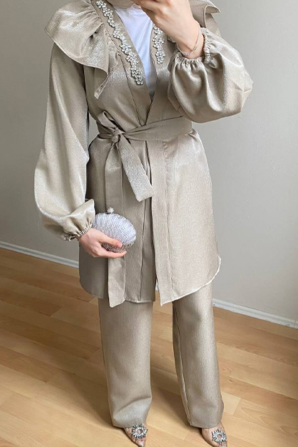 Modam Afra - Yakası Taşlı Ceketli Takım Bej (1)