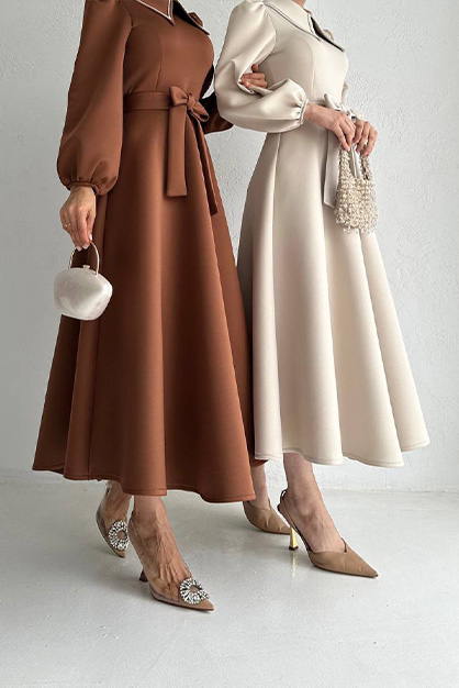 Modam Afra - Yakası Taşlı Scuba Elbise - Kahverengi (1)
