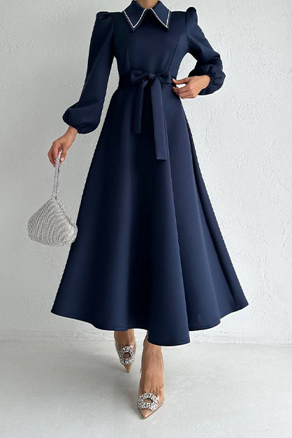 Modam Afra - Yakası Taşlı Scuba Elbise - Lacivert