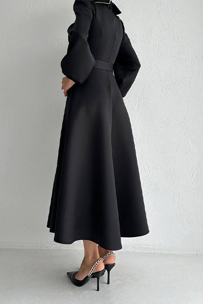Modam Afra - Yakası Taşlı Scuba Elbise - Siyah (1)
