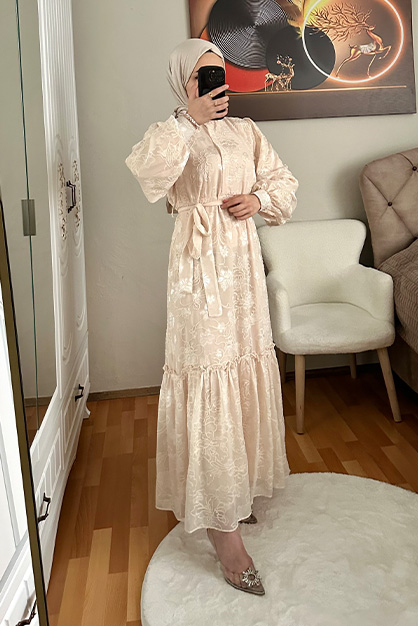 Modam Afra - Yarım Pat Düğmeli İşleme Elbise